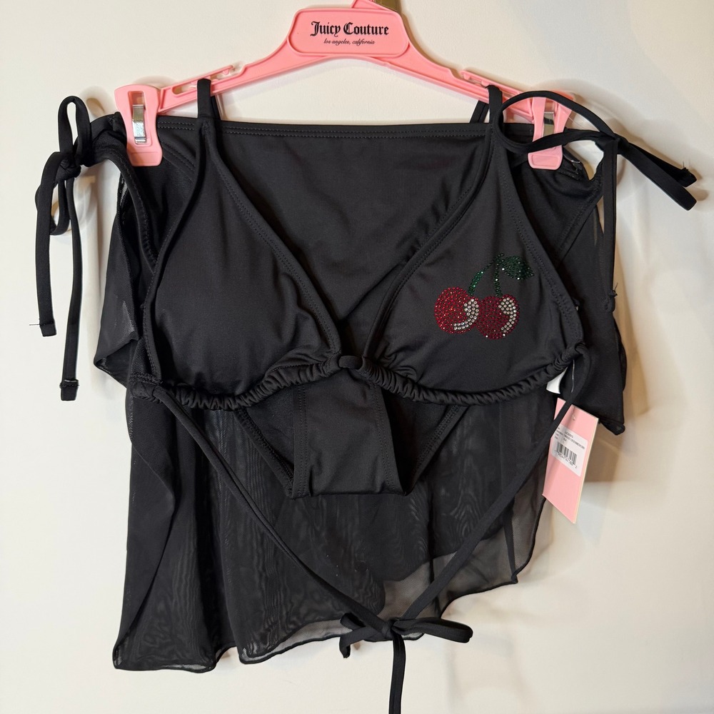 New Juicy Couture L Black Charm Cherry Bikini Skirt Bathing Suit Swim Clothing